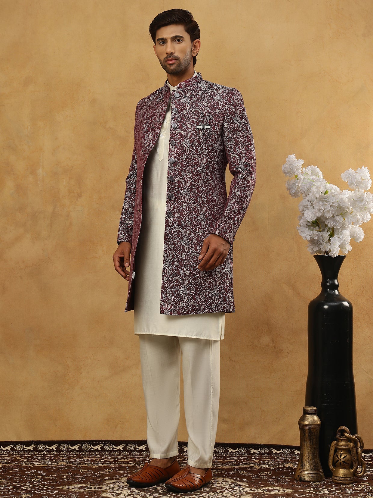 Men’s Woven Silk Jacquard Indo-Western Set ( 50JIND 592W 164Maroon )