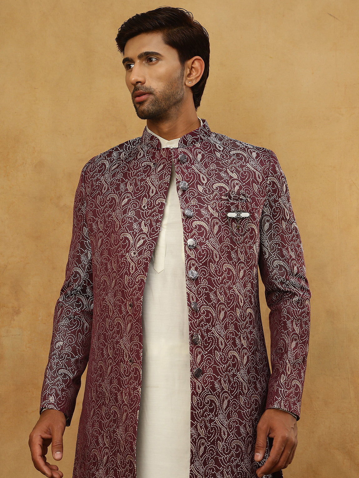 Men’s Woven Silk Jacquard Indo-Western Set ( 50JIND 592W 164Maroon )