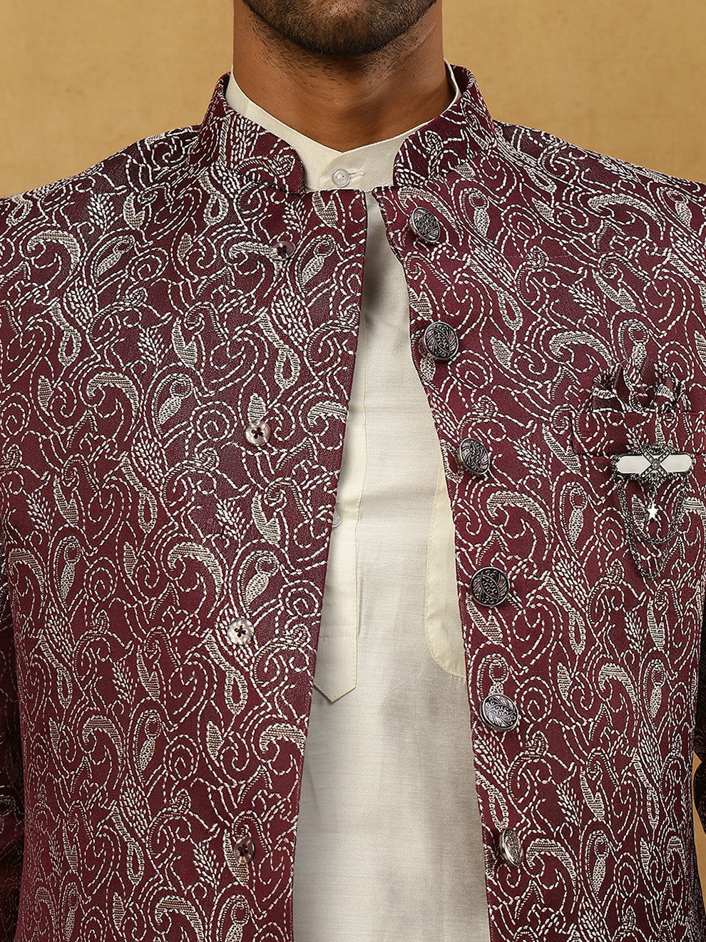 Men’s Woven Silk Jacquard Indo-Western Set ( 50JIND 592W 164Maroon )
