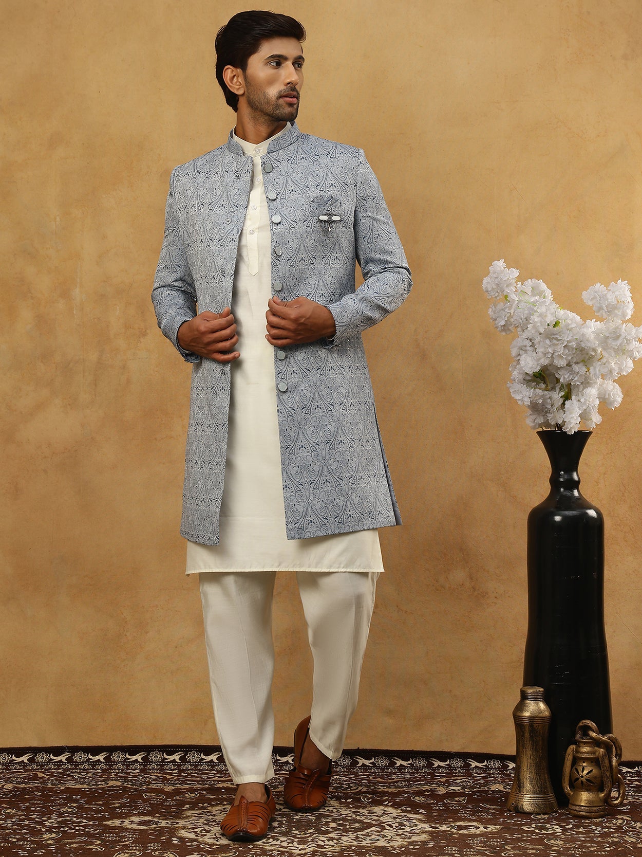 Paisley Jacquard Silk Indo-Western Set ( 50JIND 592W 168Grey )