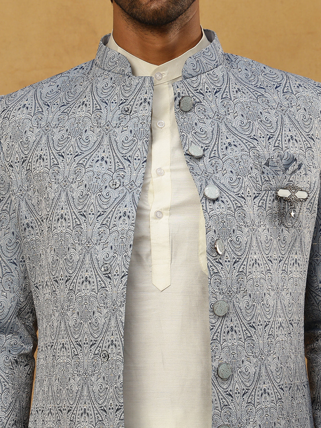 Paisley Jacquard Silk Indo-Western Set ( 50JIND 592W 168Grey )