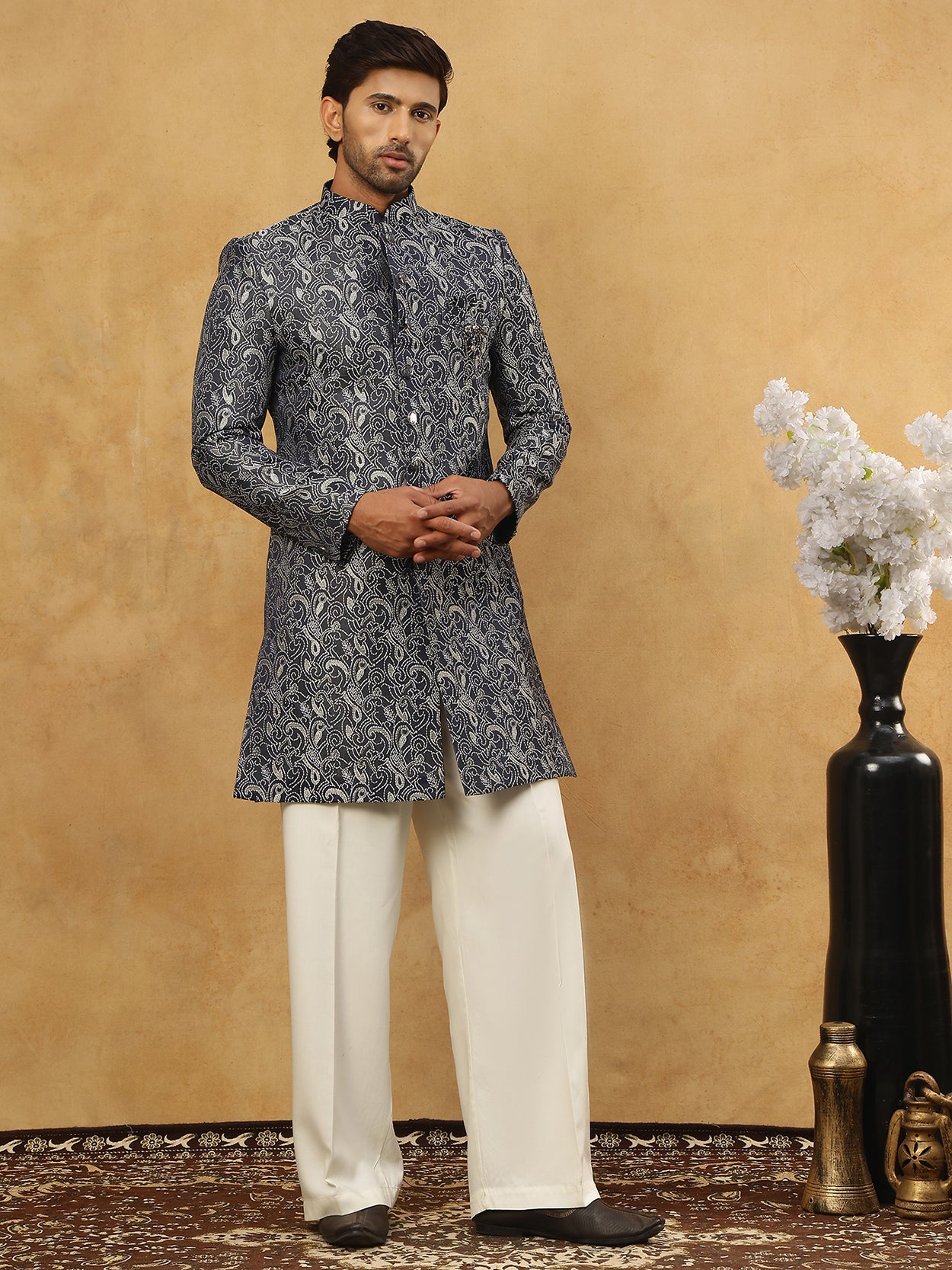 Men’s Woven Silk Jacquard Indo-Western Set ( 50JIND P11W 164Grey )