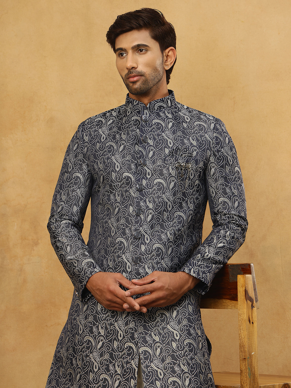 Men’s Woven Silk Jacquard Indo-Western Set ( 50JIND P11W 164Grey )