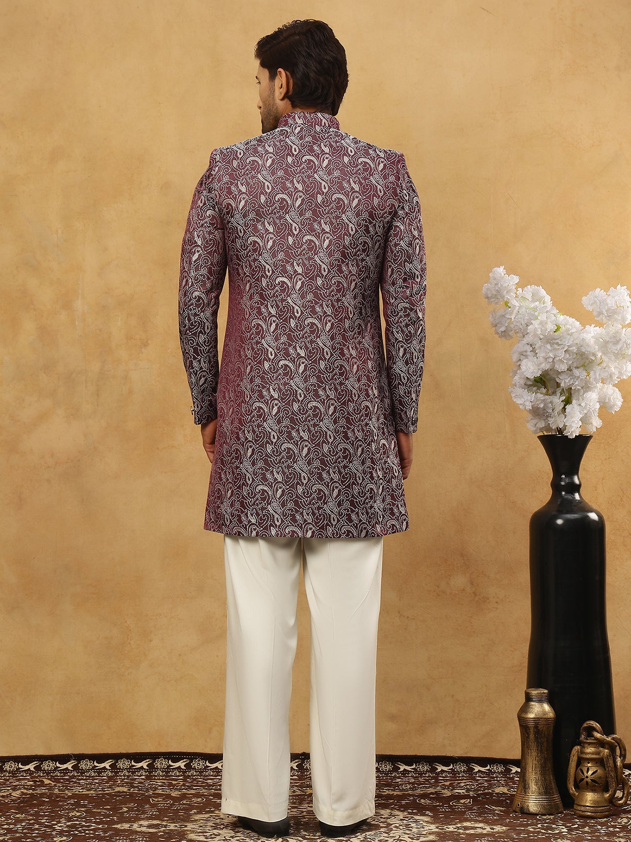 Men’s Woven Silk Jacquard Indo-Western Set ( 50JIND P11W 164Maroon )