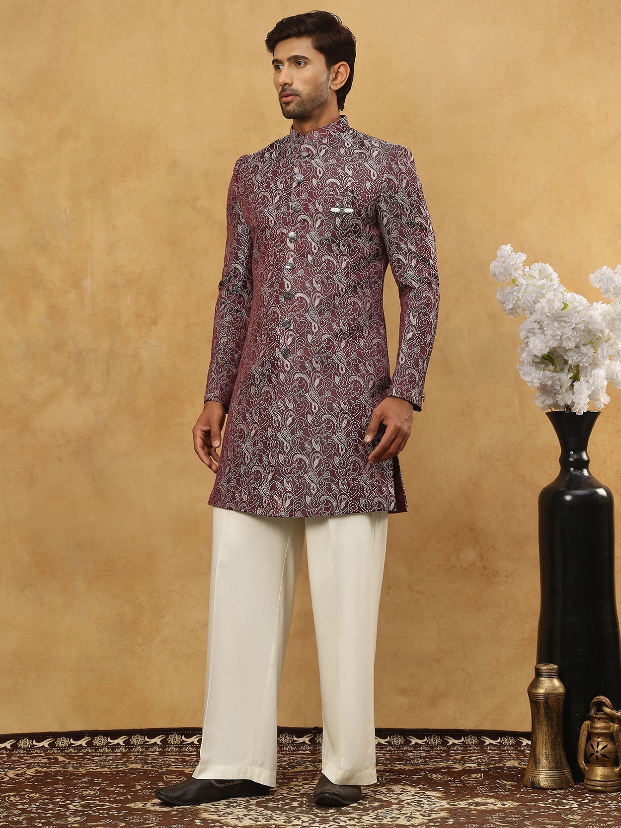 Men’s Woven Silk Jacquard Indo-Western Set ( 50JIND P11W 164Maroon )