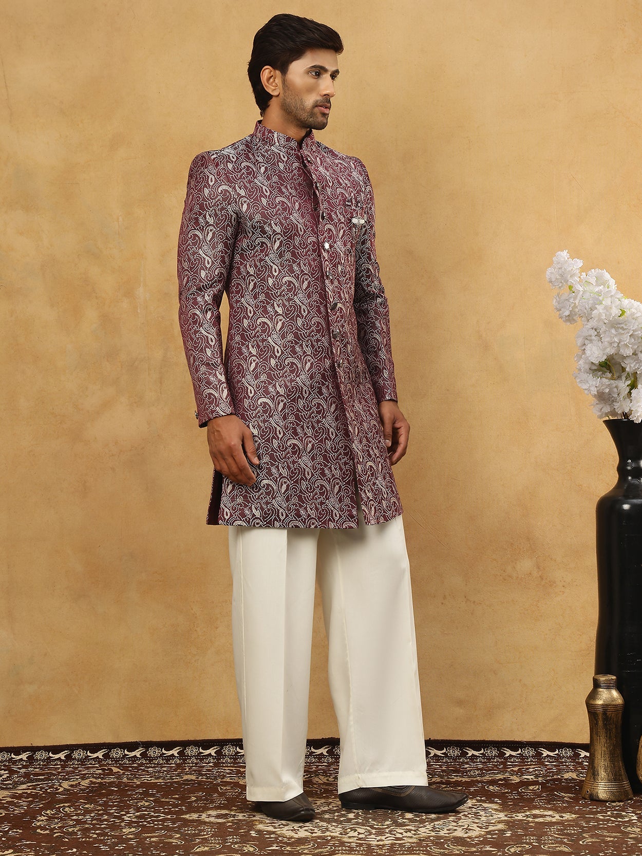 Men’s Woven Silk Jacquard Indo-Western Set ( 50JIND P11W 164Maroon )