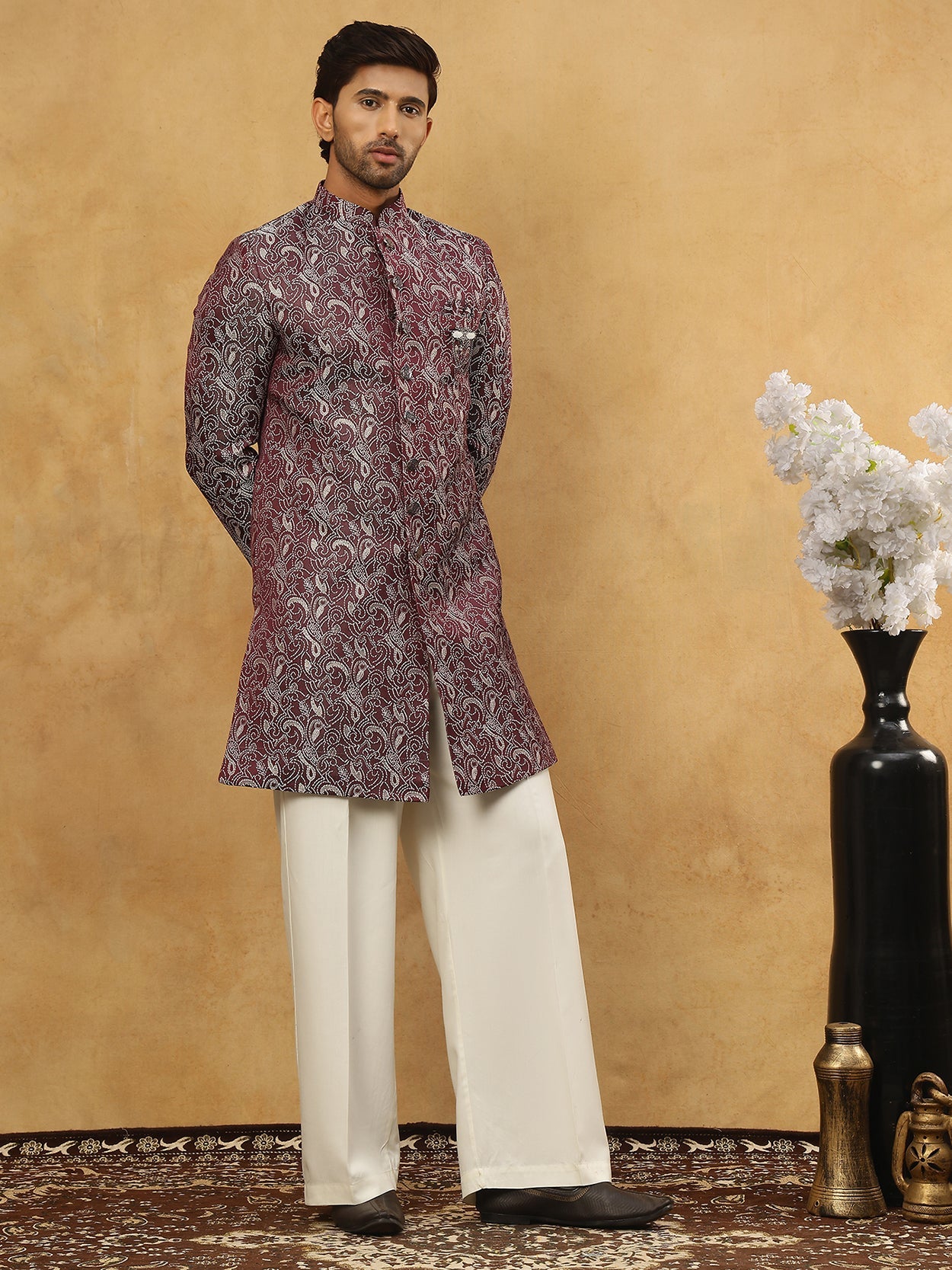 Men’s Woven Silk Jacquard Indo-Western Set ( 50JIND P11W 164Maroon )