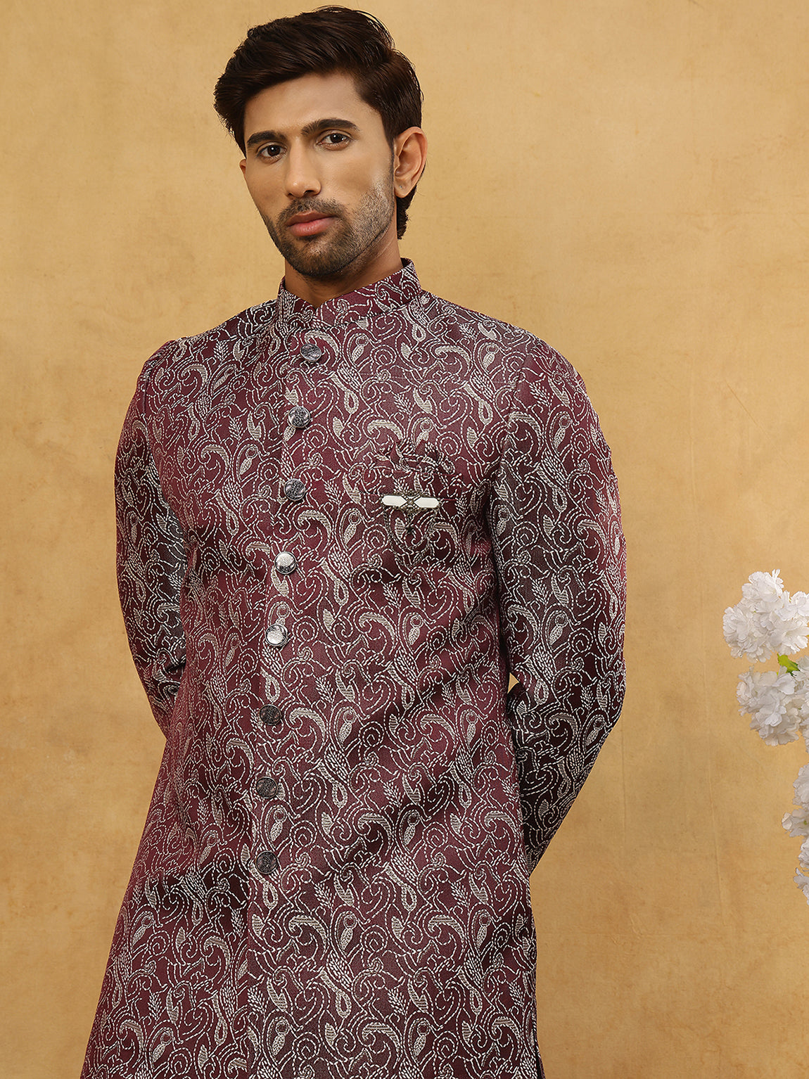 Men’s Woven Silk Jacquard Indo-Western Set ( 50JIND P11W 164Maroon )