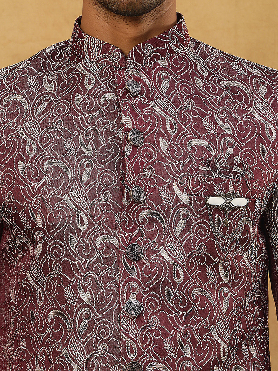 Men’s Woven Silk Jacquard Indo-Western Set ( 50JIND P11W 164Maroon )