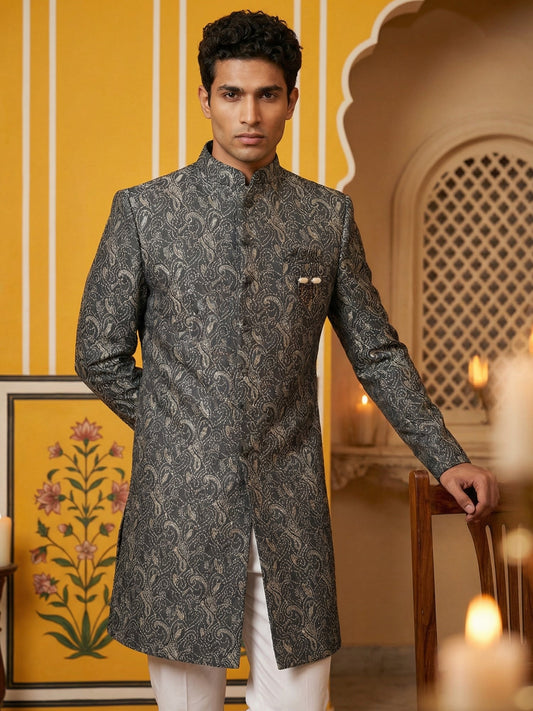 Men’s Woven Silk Jacquard Indo-Western Set ( 50JIND P5W 164Grey S )