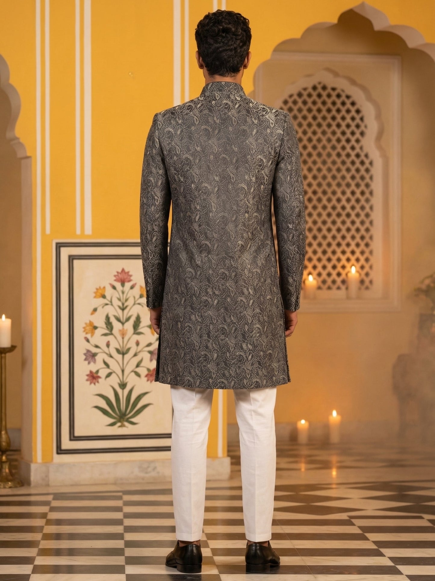 Men’s Woven Silk Jacquard Indo-Western Set ( 50JIND P5W 164Grey S )