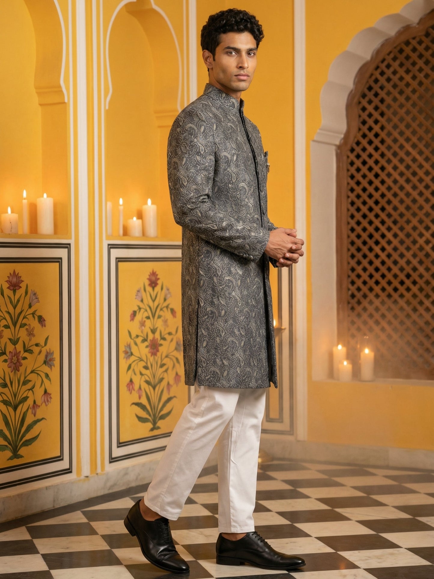 Men’s Woven Silk Jacquard Indo-Western Set ( 50JIND P5W 164Grey S )