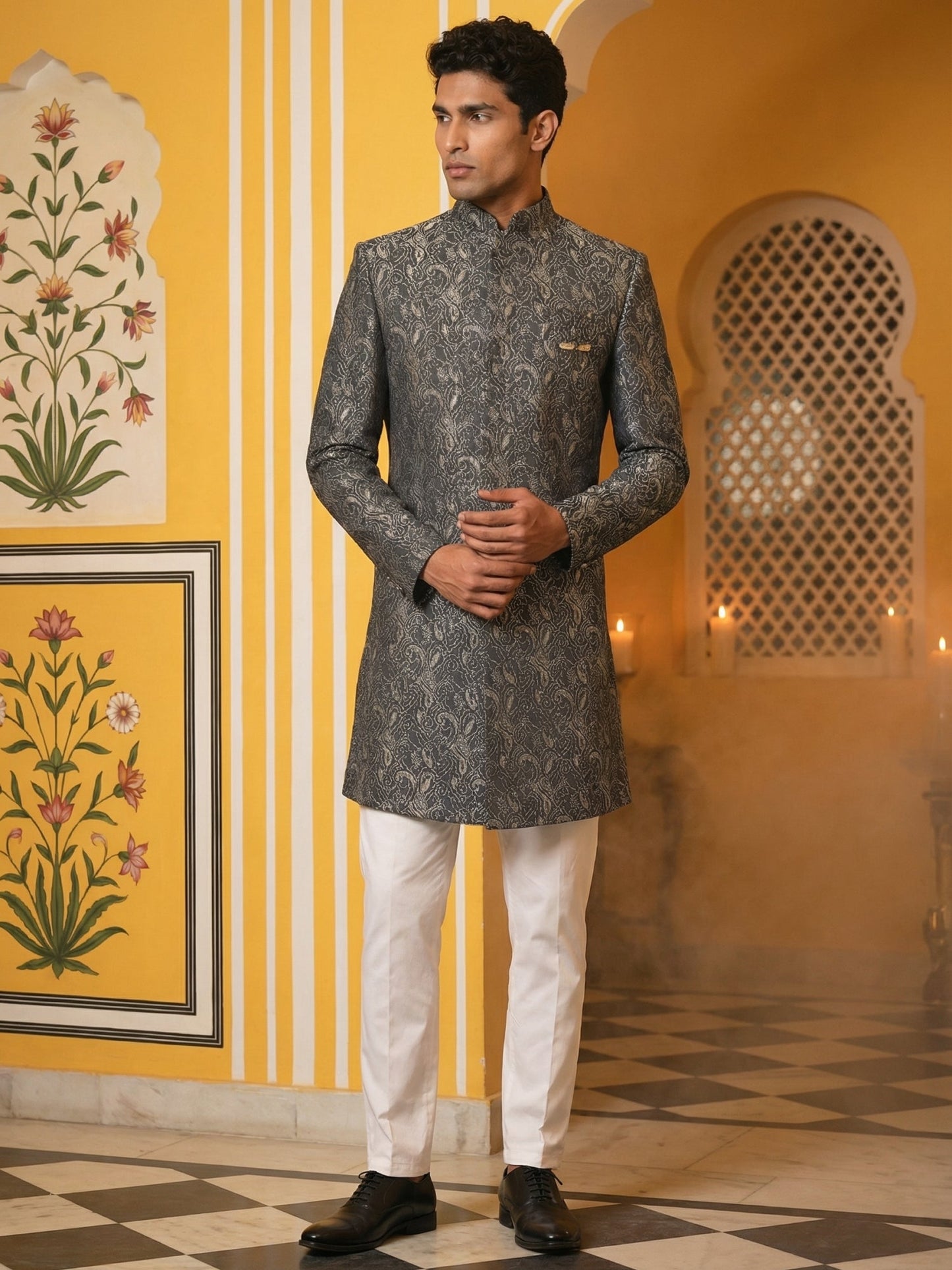 Men’s Woven Silk Jacquard Indo-Western Set ( 50JIND P5W 164Grey S )