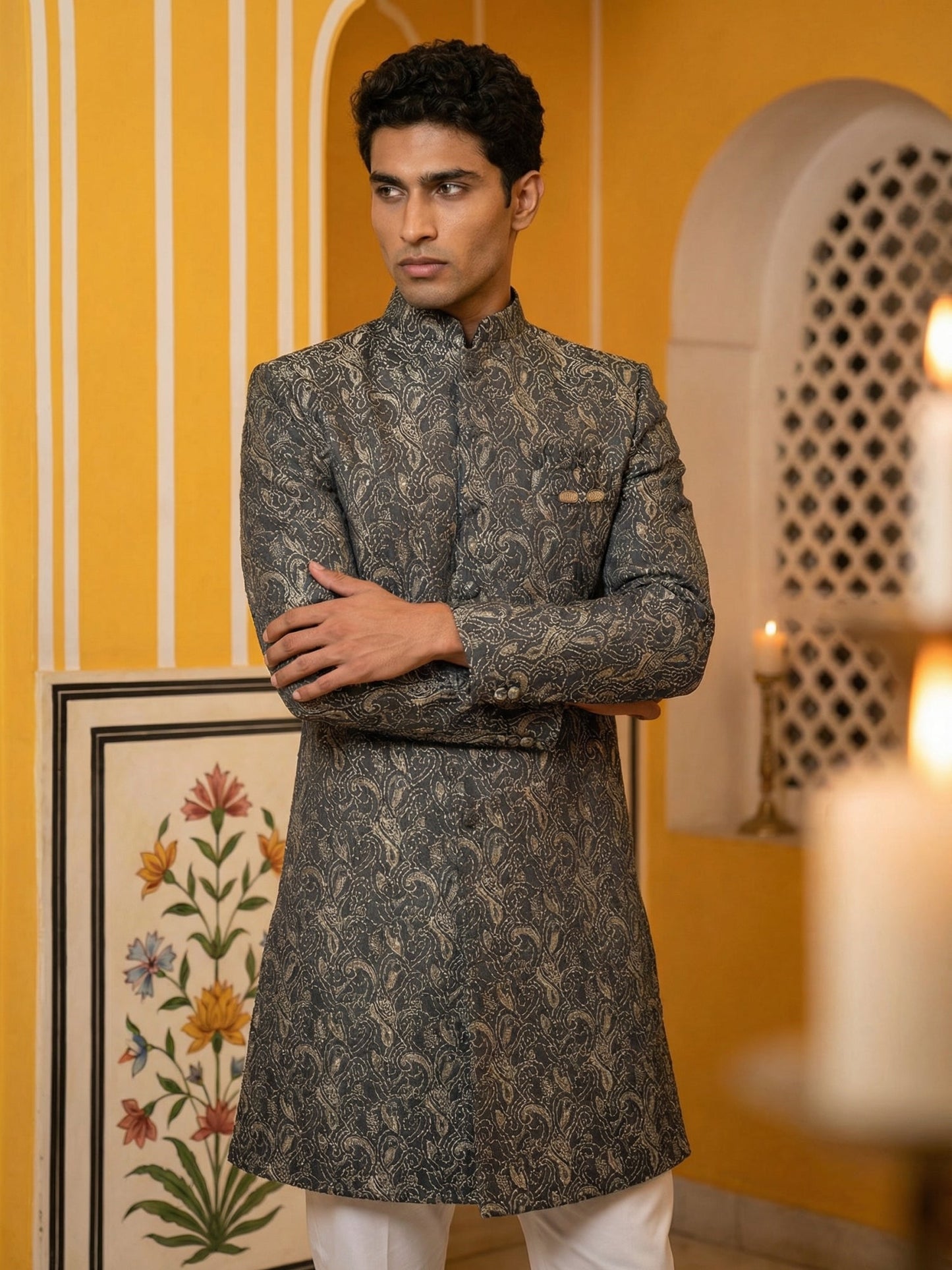 Men’s Woven Silk Jacquard Indo-Western Set ( 50JIND P5W 164Grey S )