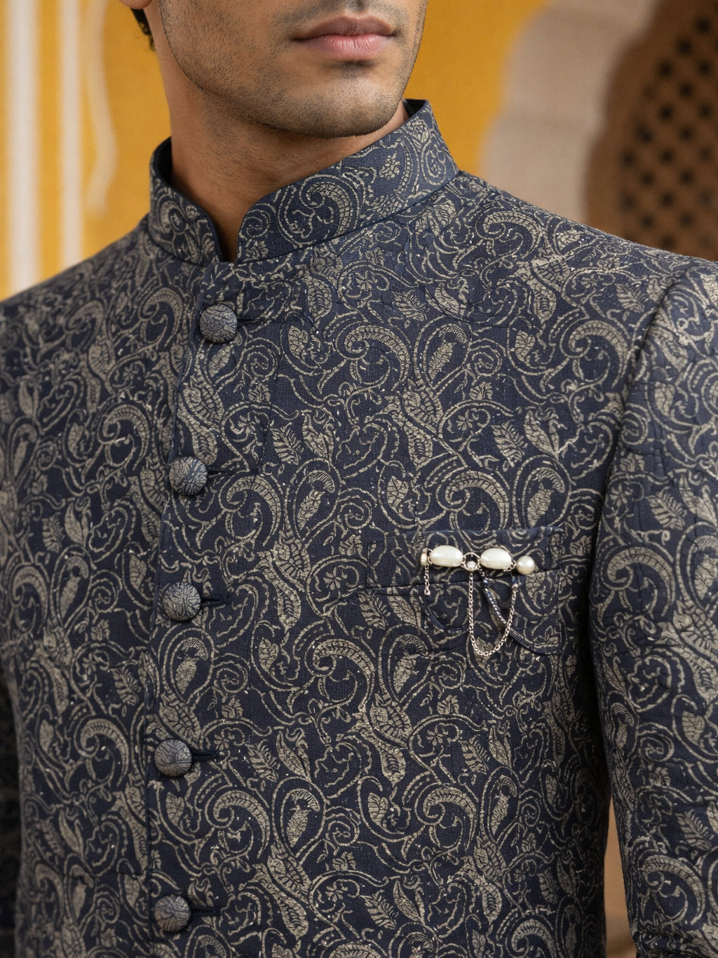 Men’s Woven Silk Jacquard Indo-Western Set ( 50JIND P5W 164Grey S )