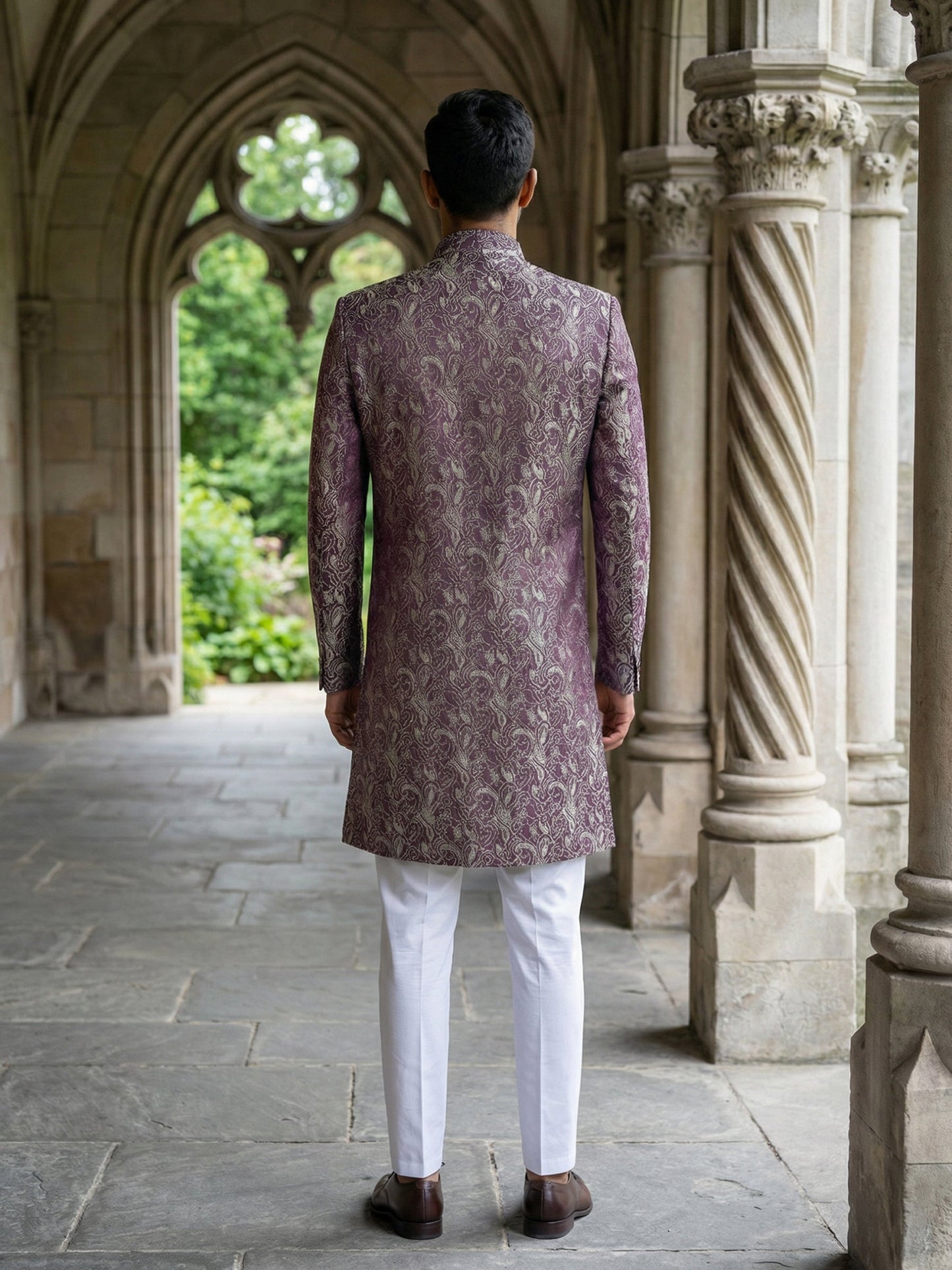 Men’s Woven Silk Jacquard Indo-Western Set ( 50JIND P5W 164Maroon S )