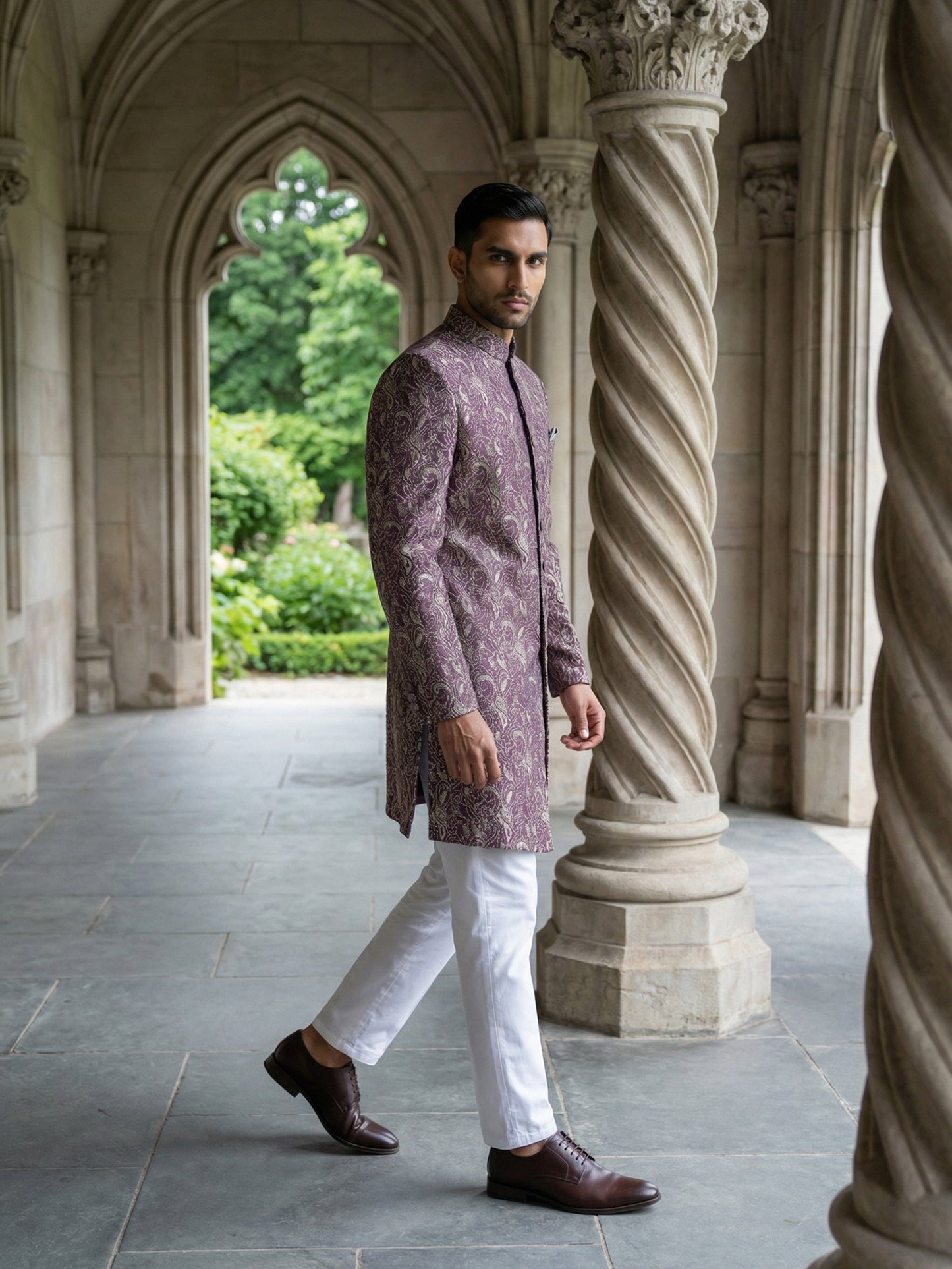 Men’s Woven Silk Jacquard Indo-Western Set ( 50JIND P5W 164Maroon S )
