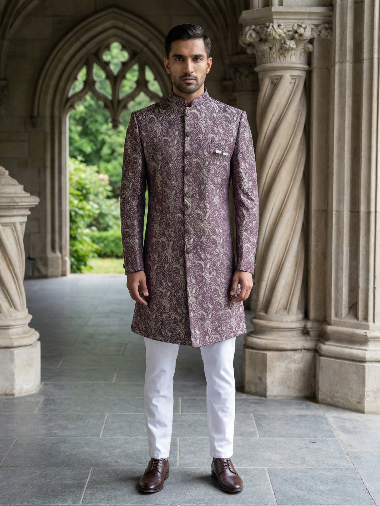 Men’s Woven Silk Jacquard Indo-Western Set ( 50JIND P5W 164Maroon S )