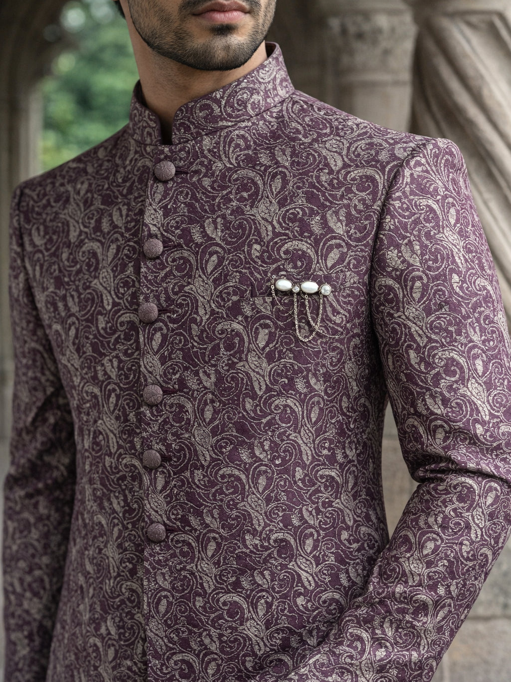 Men’s Woven Silk Jacquard Indo-Western Set ( 50JIND P5W 164Maroon S )