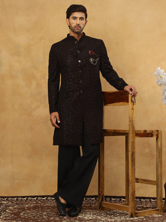 Men’s Maroon Velvet Embroidered Indo-Western Set ( 50JIND PJ11B 103Maroon )