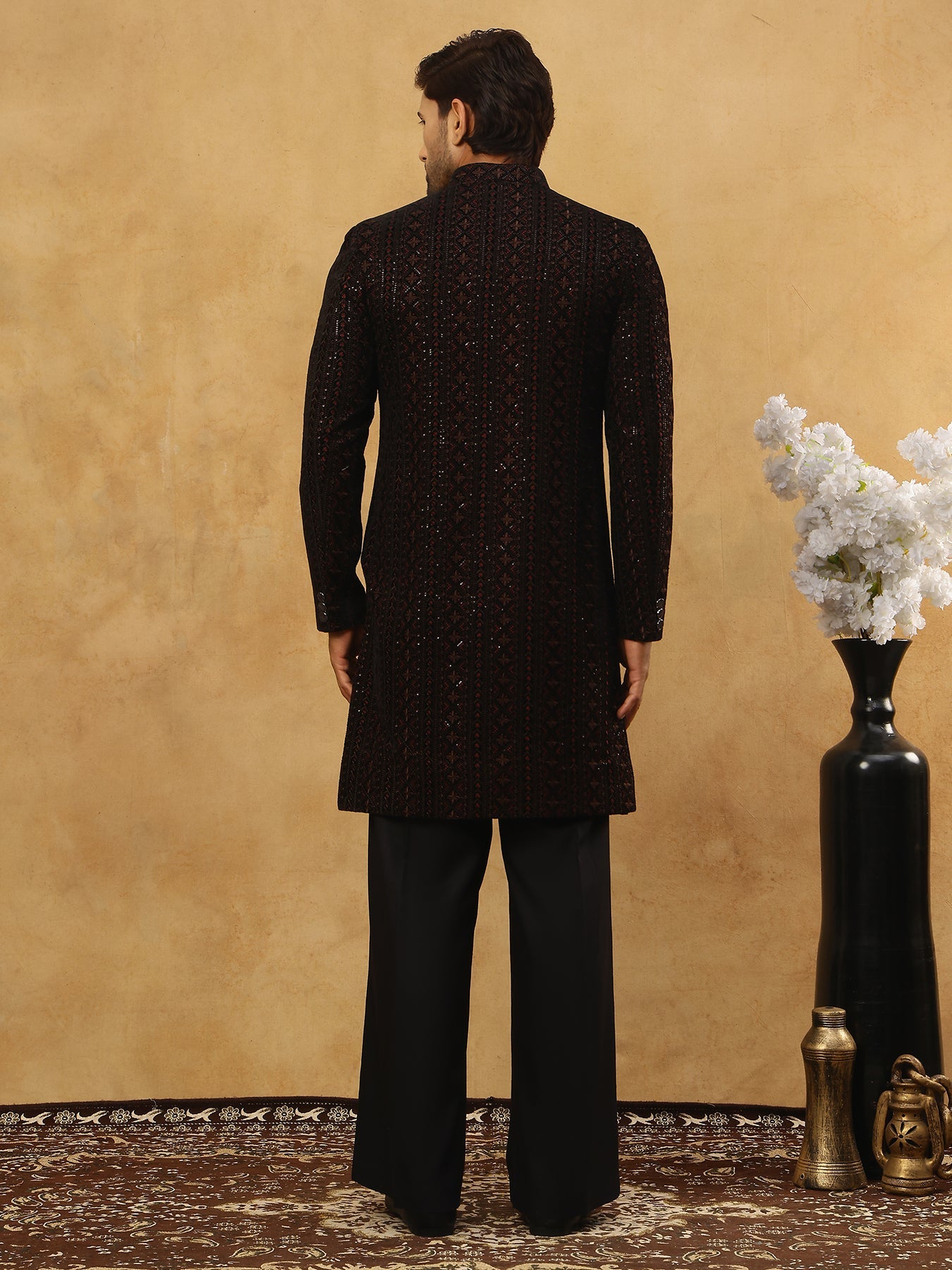 Men’s Maroon Velvet Embroidered Indo-Western Set ( 50JIND PJ11B 103Maroon )
