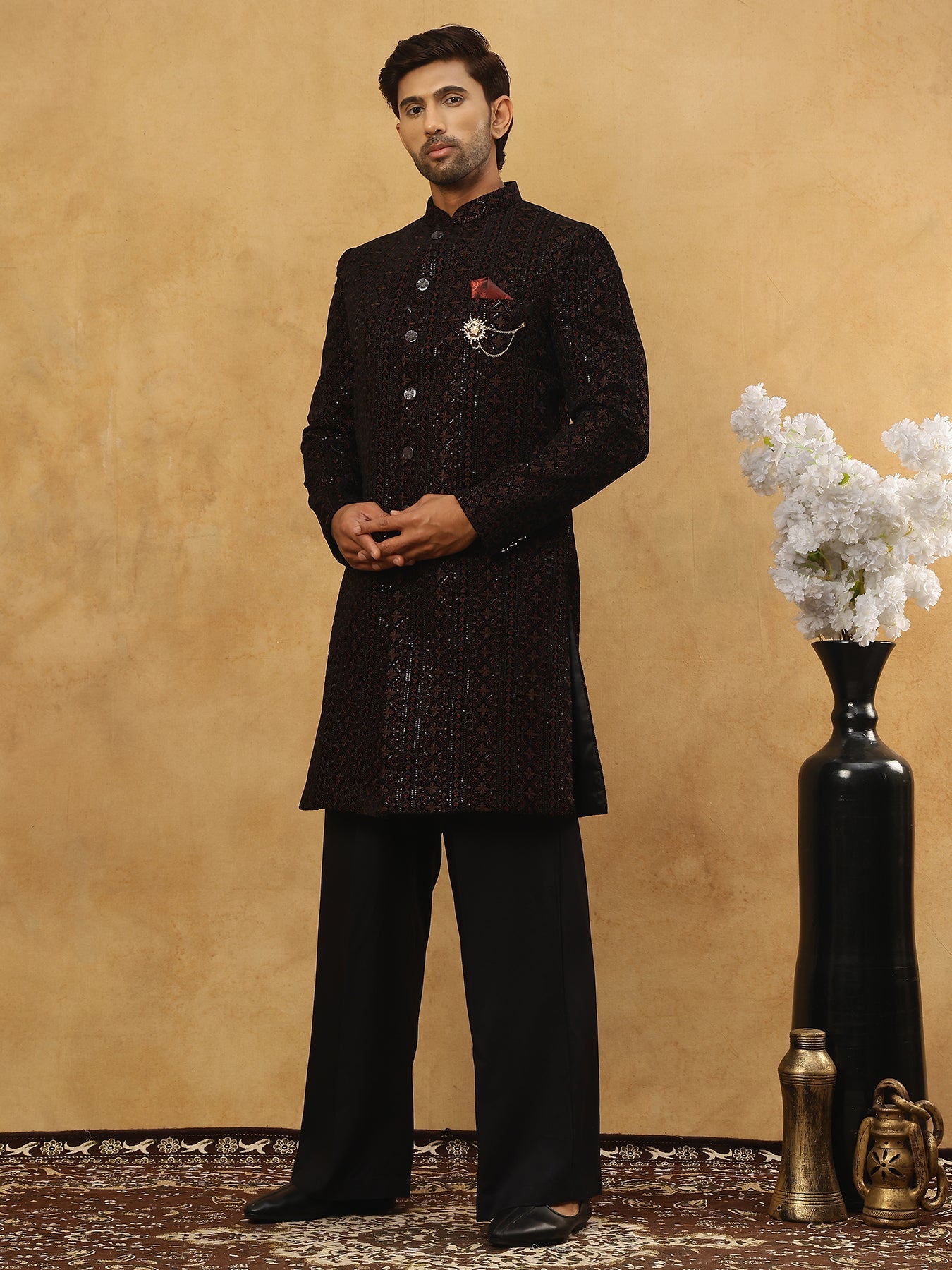 Men’s Maroon Velvet Embroidered Indo-Western Set ( 50JIND PJ11B 103Maroon )