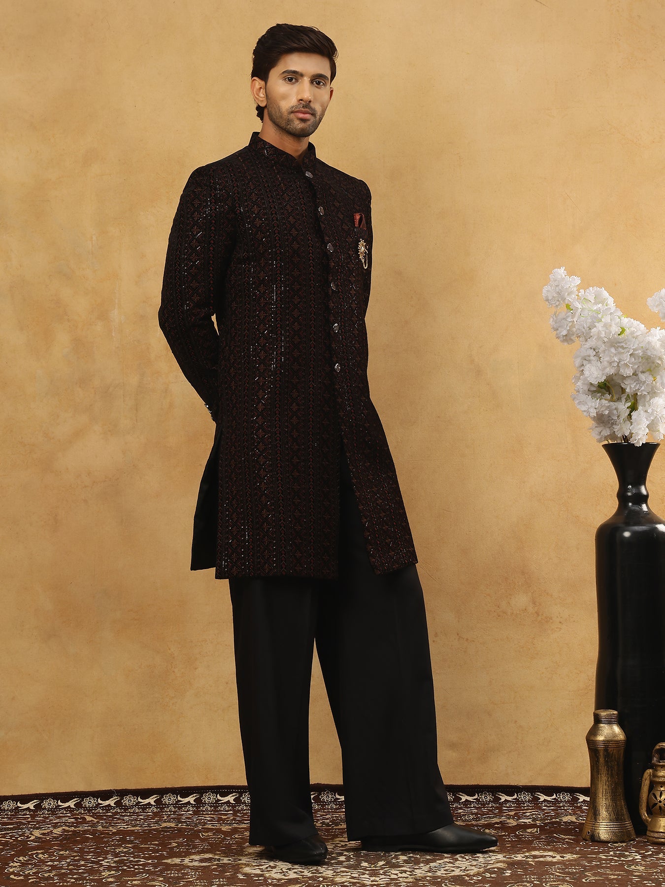 Men’s Maroon Velvet Embroidered Indo-Western Set ( 50JIND PJ11B 103Maroon )
