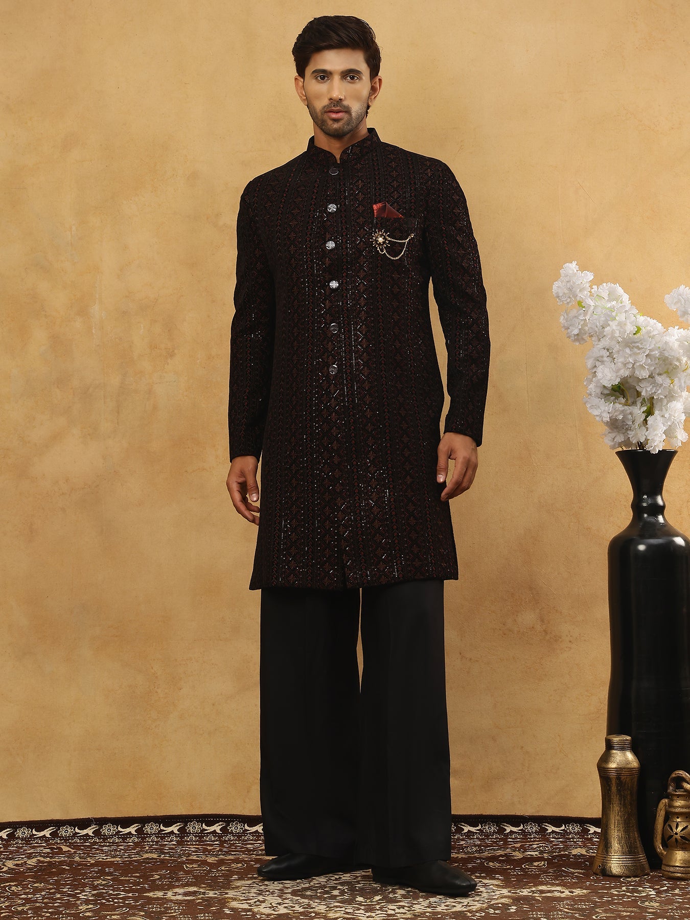 Men’s Maroon Velvet Embroidered Indo-Western Set ( 50JIND PJ11B 103Maroon )