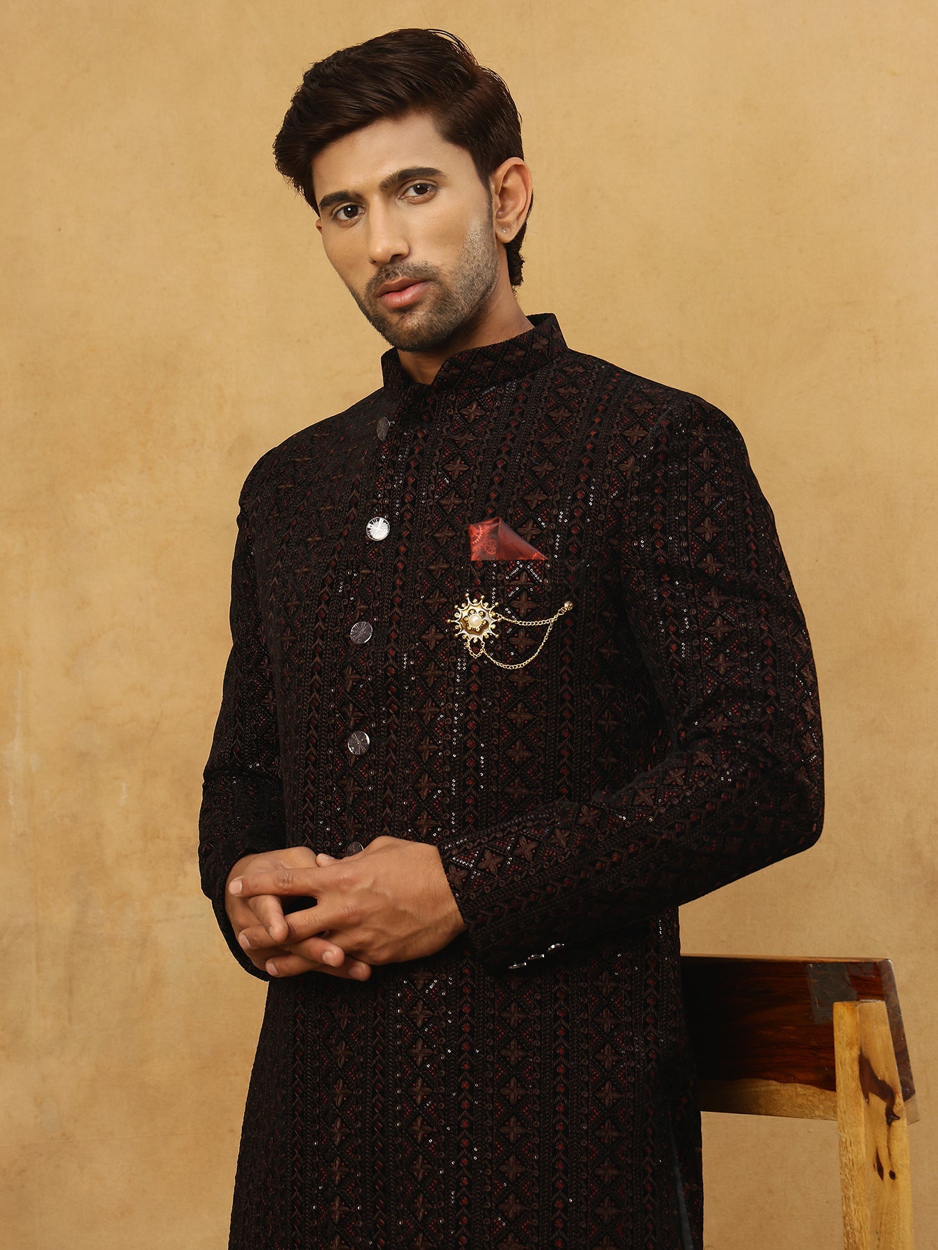 Men’s Maroon Velvet Embroidered Indo-Western Set ( 50JIND PJ11B 103Maroon )