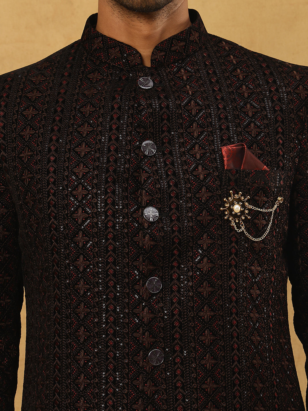 Men’s Maroon Velvet Embroidered Indo-Western Set ( 50JIND PJ11B 103Maroon )