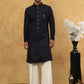 Men’s Navy Velvet Embroidered Indo-Western Set ( 50JIND PJ11W 103Blue )