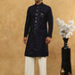 Men’s Navy Velvet Embroidered Indo-Western Set ( 50JIND PJ11W 103Blue )