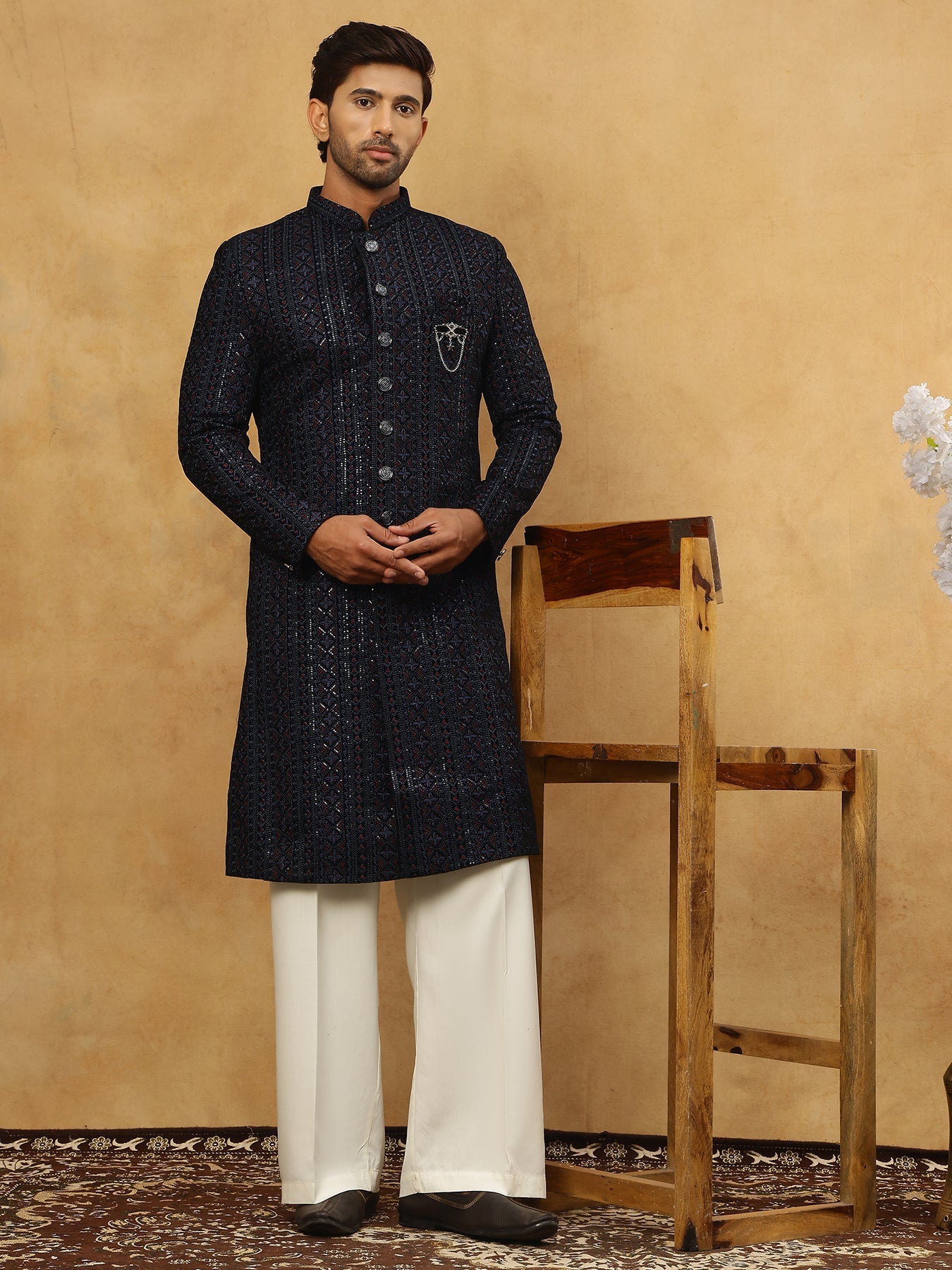 Men’s Navy Velvet Embroidered Indo-Western Set ( 50JIND PJ11W 103Blue )