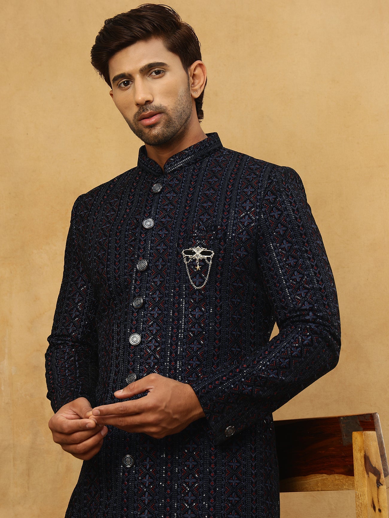 Men’s Navy Velvet Embroidered Indo-Western Set ( 50JIND PJ11W 103Blue )