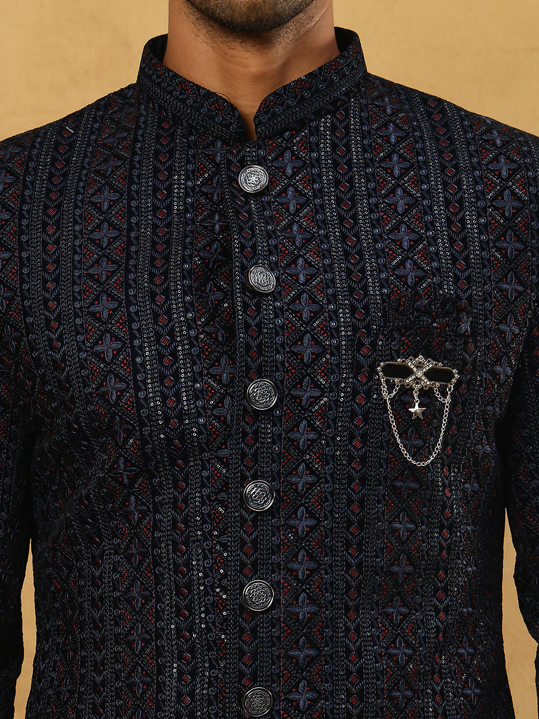 Men’s Navy Velvet Embroidered Indo-Western Set ( 50JIND PJ11W 103Blue )