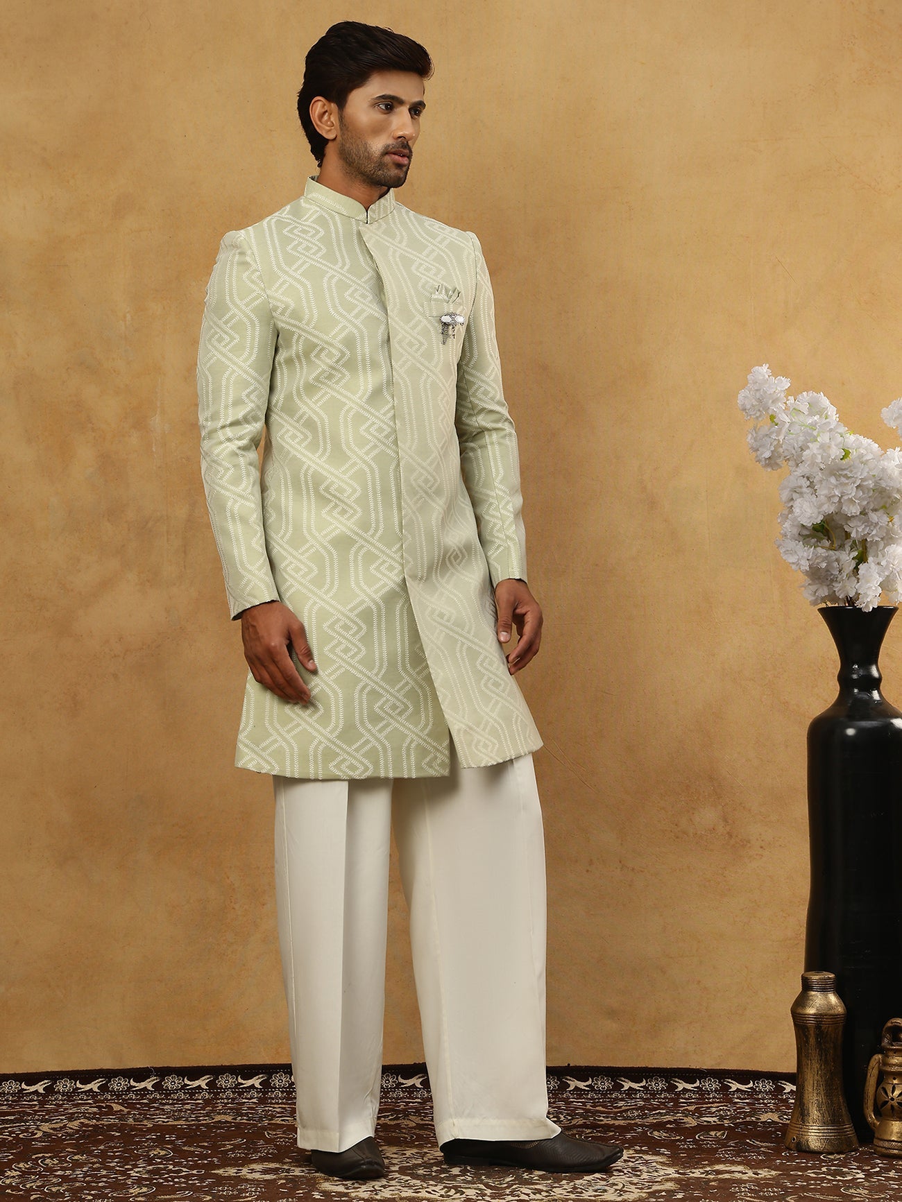 Jacquard Silk Embroidered Indo-Western Set ( 50JIND PJ11W 135Pista )
