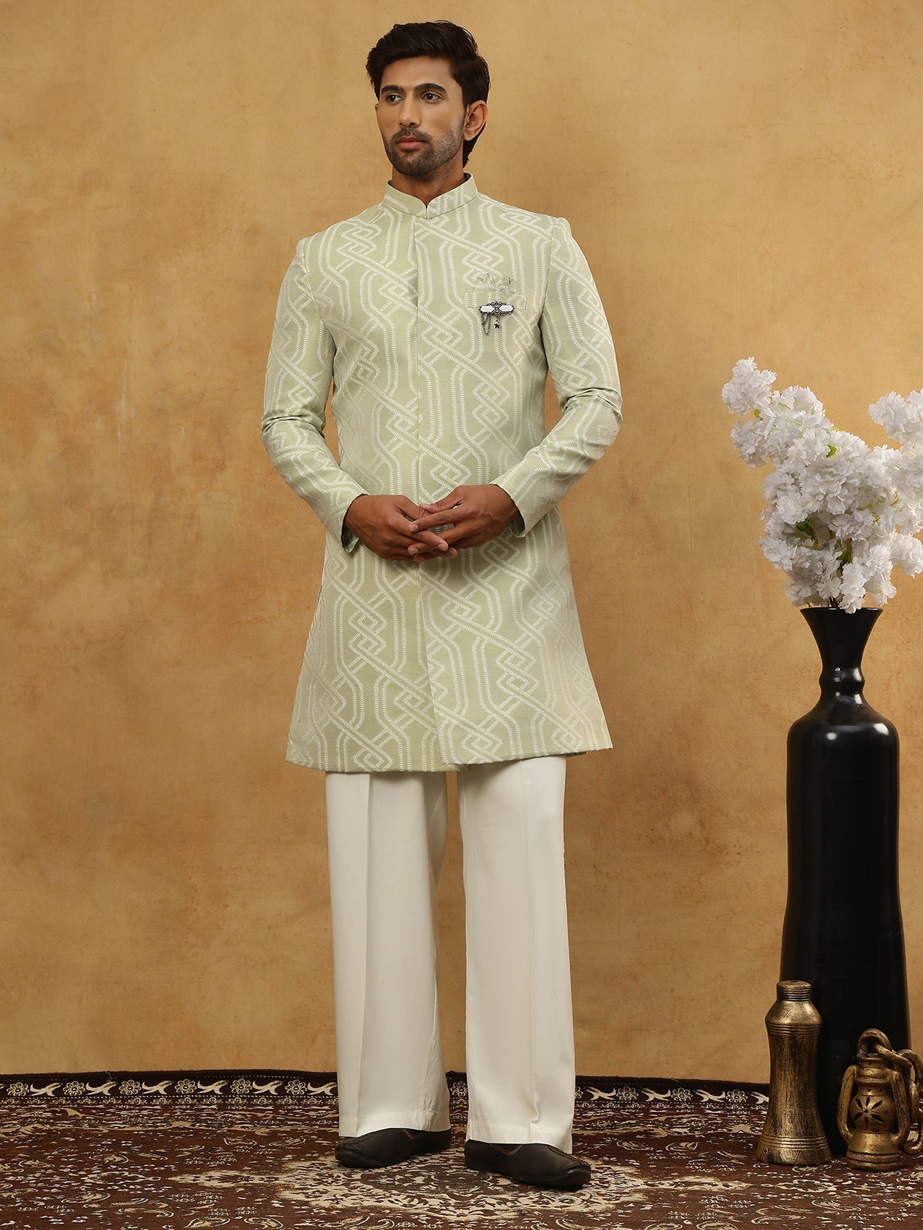 Jacquard Silk Embroidered Indo-Western Set ( 50JIND PJ11W 135Pista )