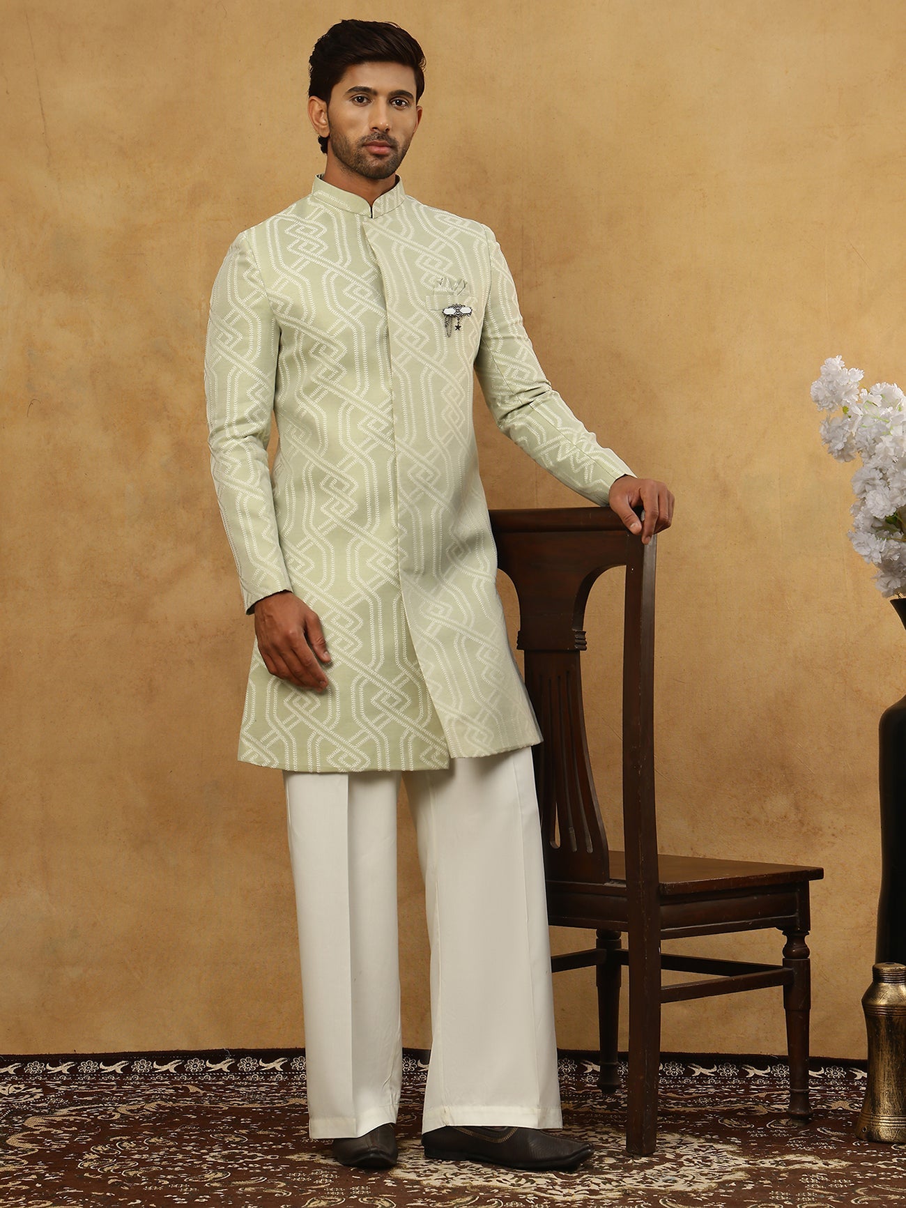 Jacquard Silk Embroidered Indo-Western Set ( 50JIND PJ11W 135Pista )