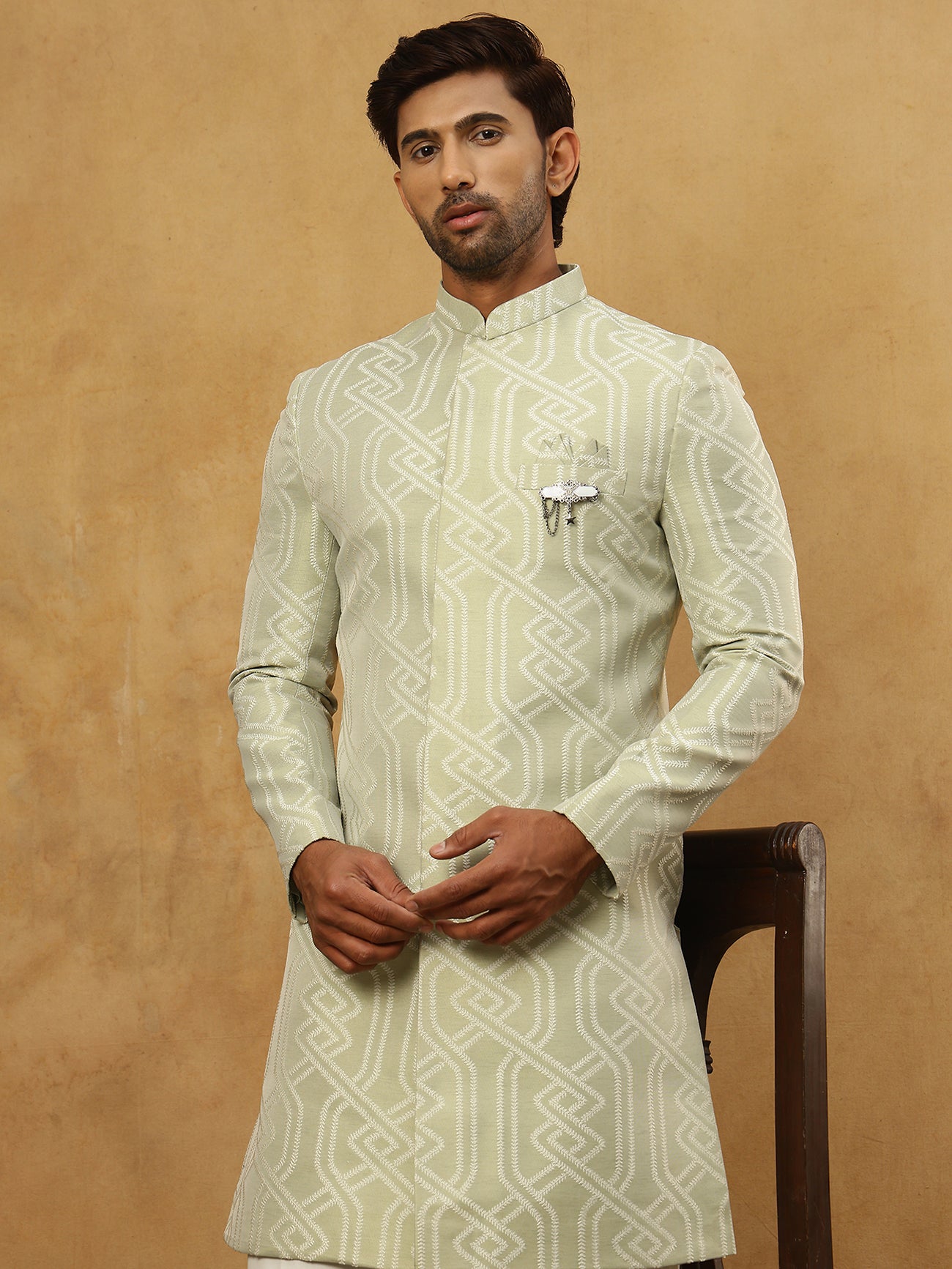 Jacquard Silk Embroidered Indo-Western Set ( 50JIND PJ11W 135Pista )