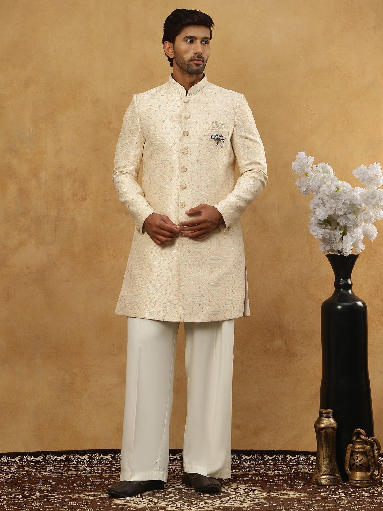 Jacquard Silk Embroidered Indo-Western Set ( 50JIND PJ11W 137Cream )