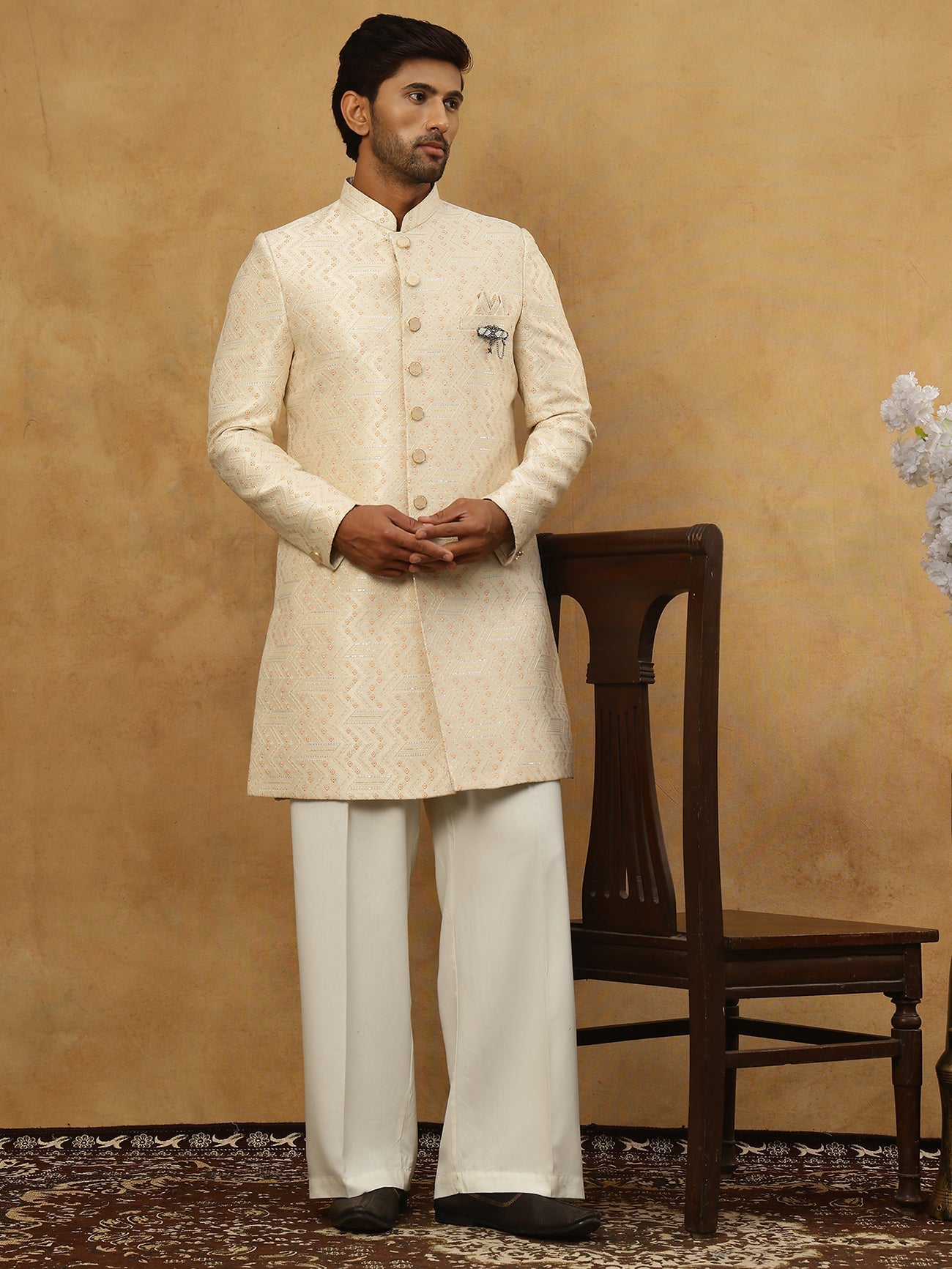 Jacquard Silk Embroidered Indo-Western Set ( 50JIND PJ11W 137Cream )
