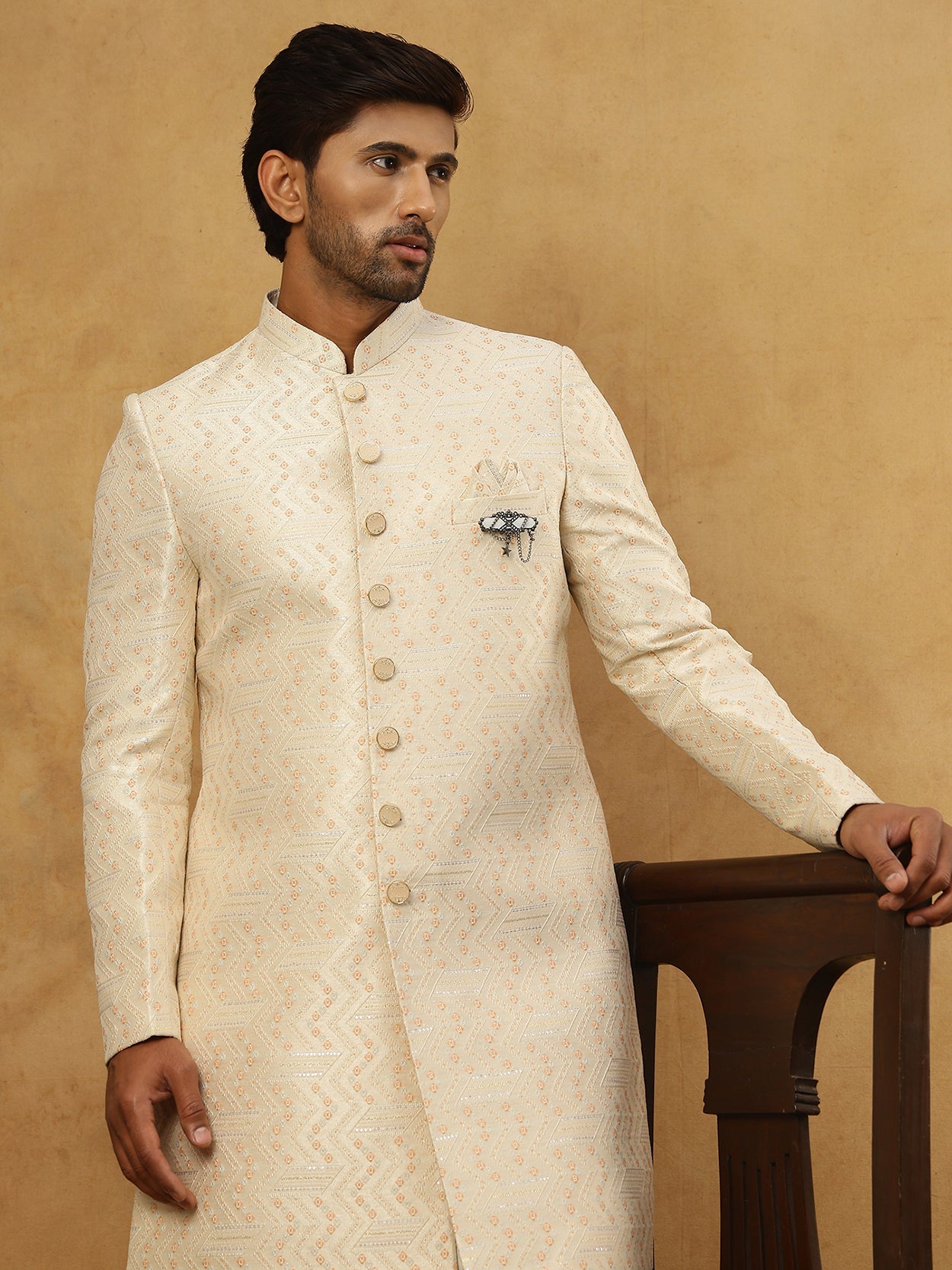 Jacquard Silk Embroidered Indo-Western Set ( 50JIND PJ11W 137Cream )