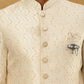 Jacquard Silk Embroidered Indo-Western Set ( 50JIND PJ11W 137Cream )