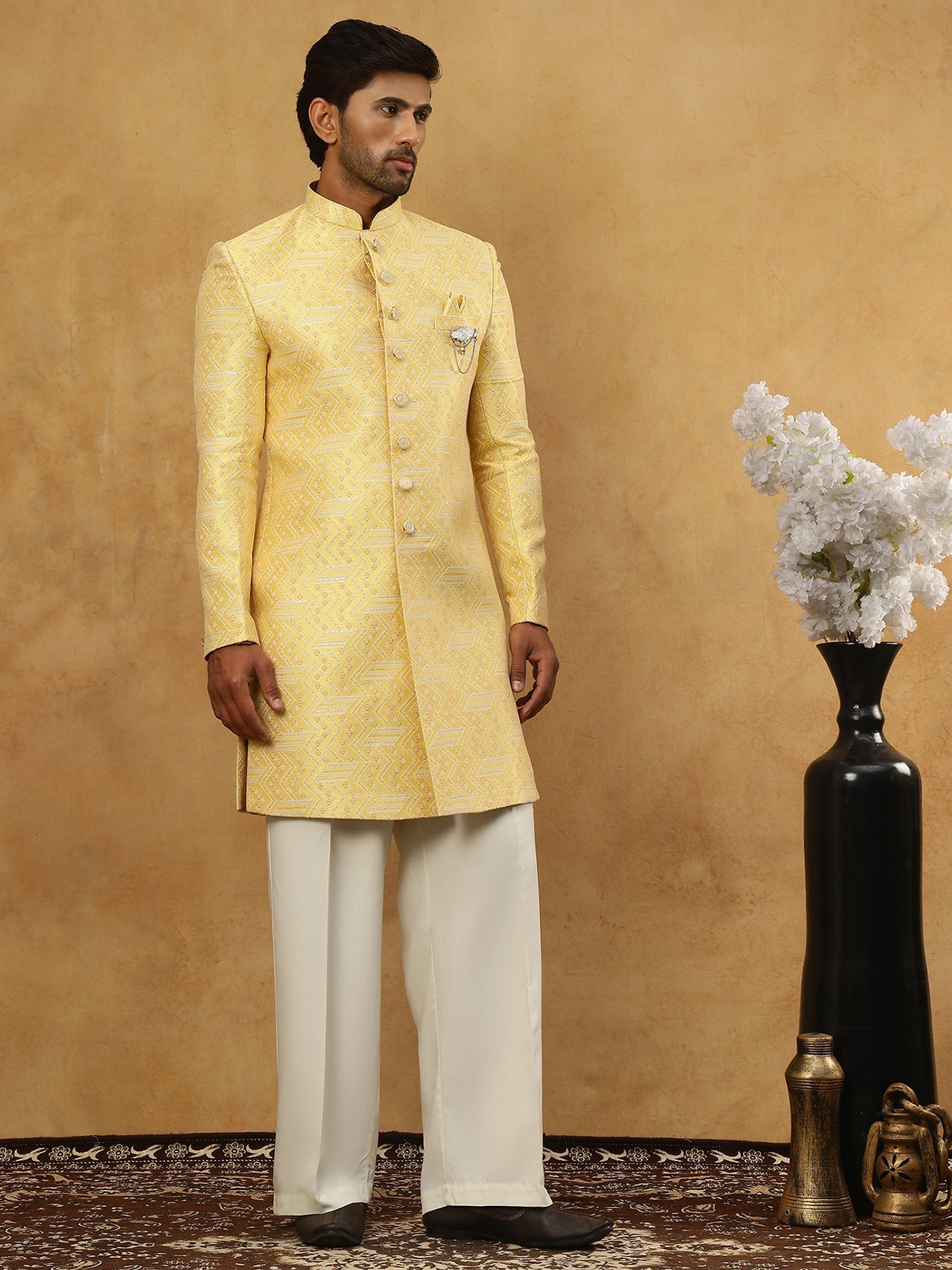 Jacquard Silk Embroidered Indo-Western Set ( 50JIND PJ11W 137Yellow )