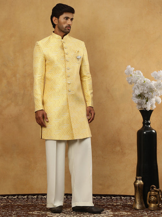 Jacquard Silk Embroidered Indo-Western Set ( 50JIND PJ11W 137Yellow )