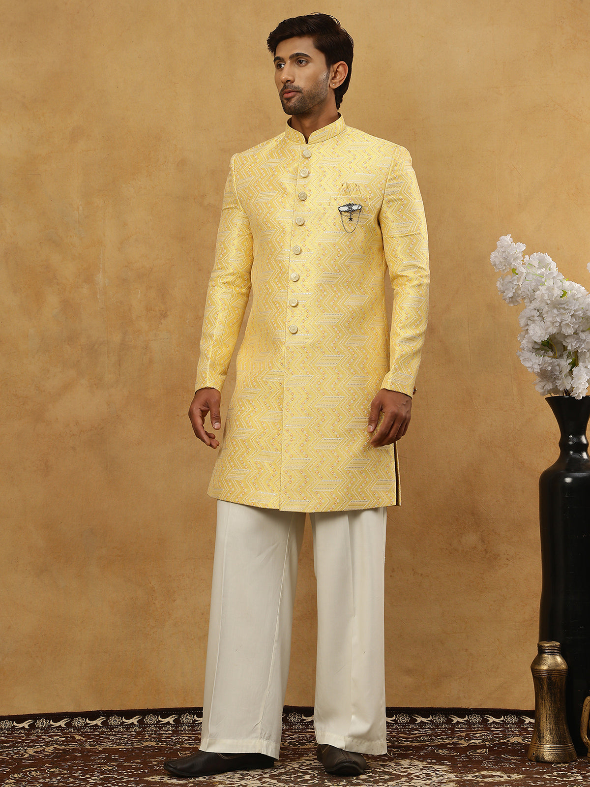 Jacquard Silk Embroidered Indo-Western Set ( 50JIND PJ11W 137Yellow )