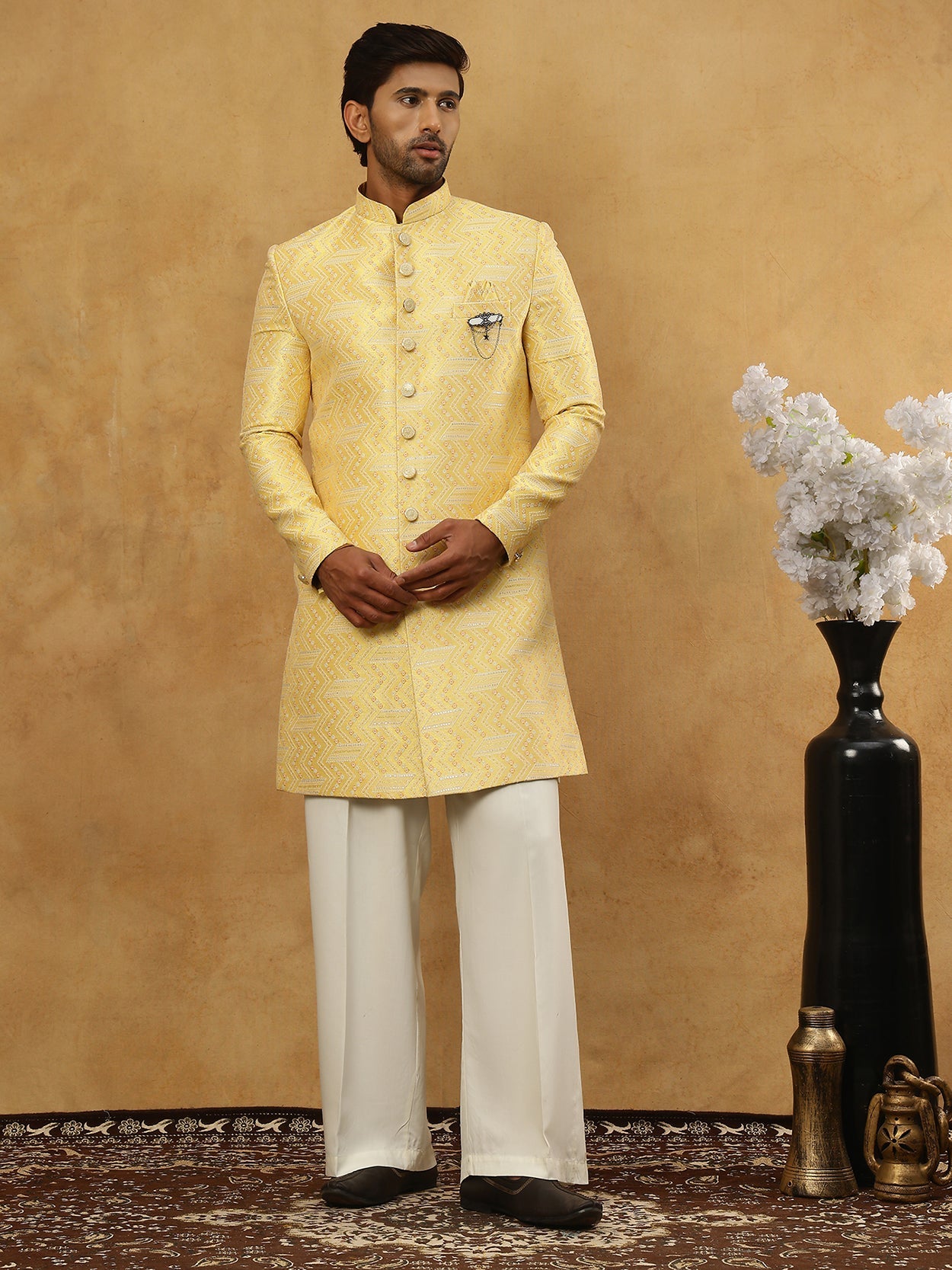 Jacquard Silk Embroidered Indo-Western Set ( 50JIND PJ11W 137Yellow )