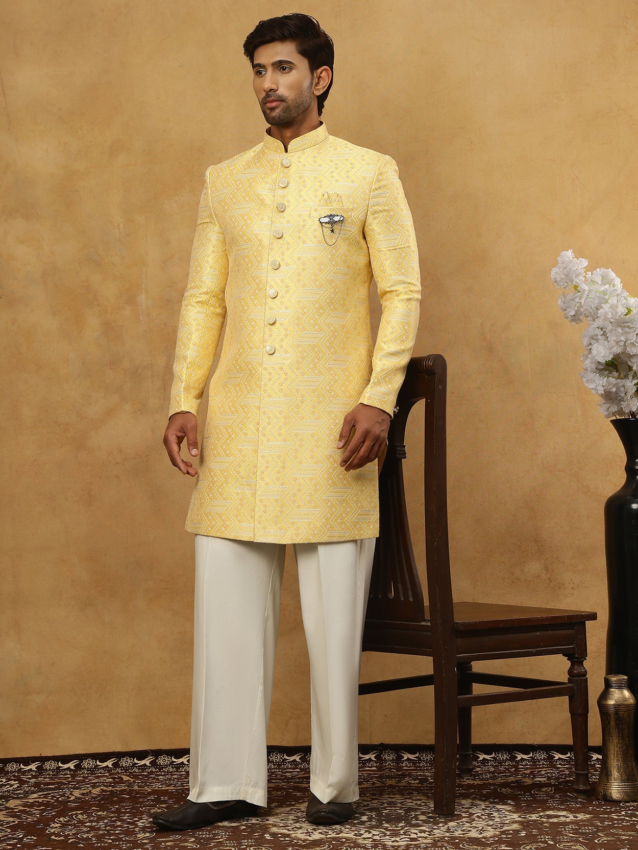 Jacquard Silk Embroidered Indo-Western Set ( 50JIND PJ11W 137Yellow )