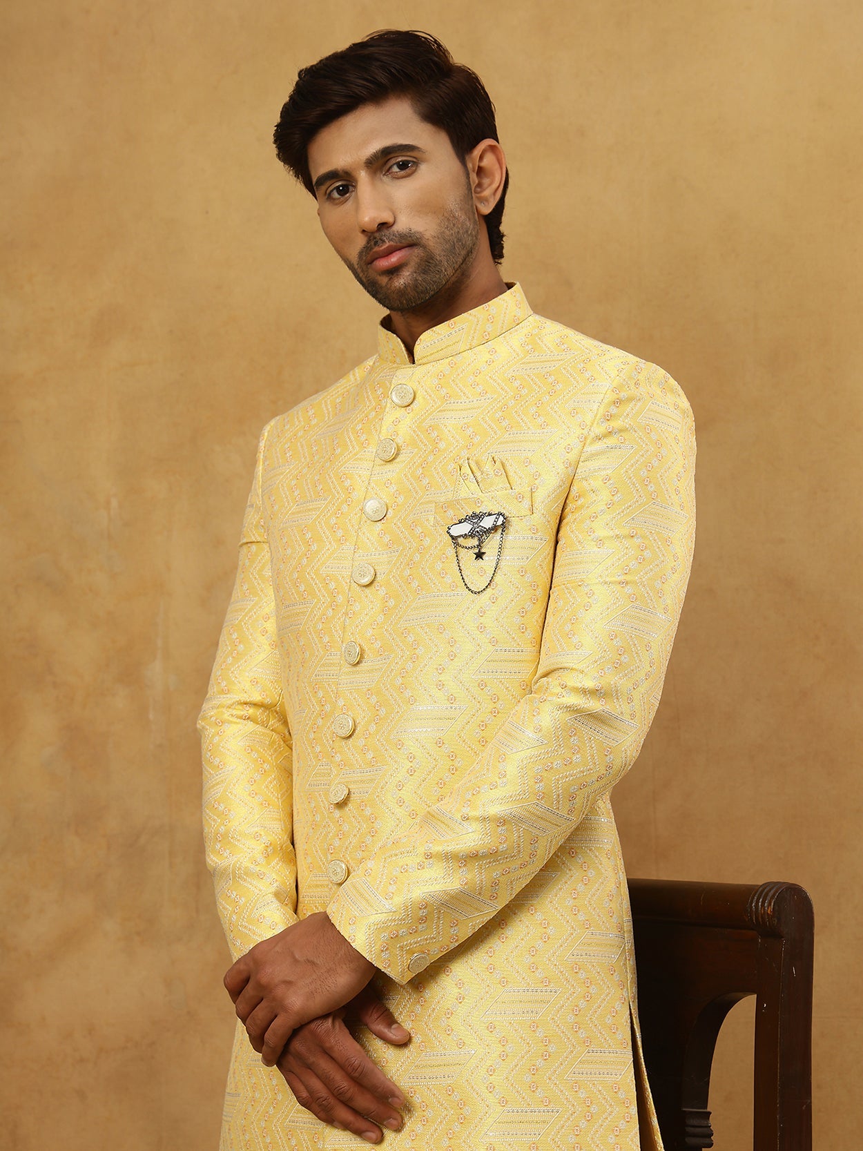 Jacquard Silk Embroidered Indo-Western Set ( 50JIND PJ11W 137Yellow )