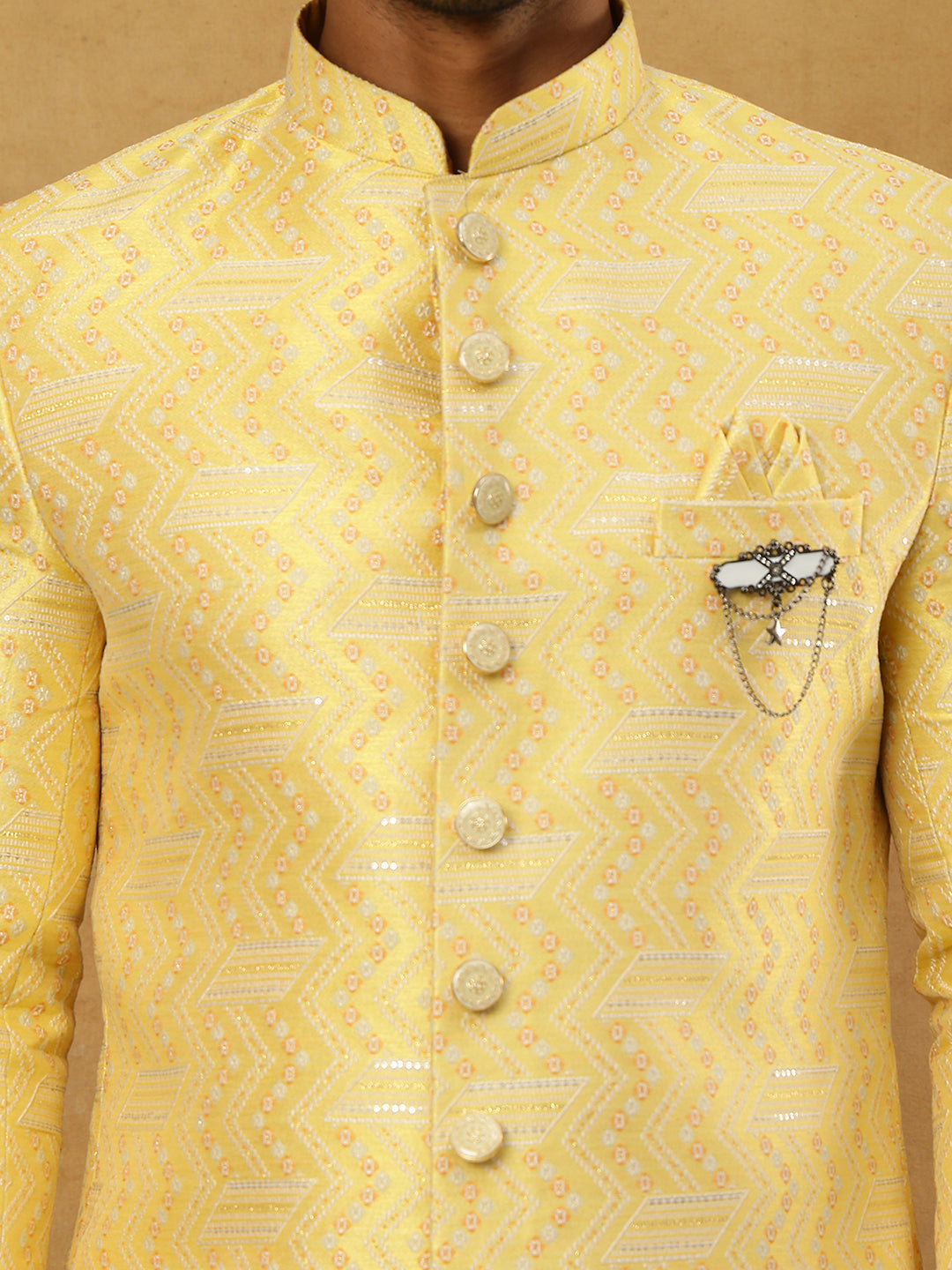 Jacquard Silk Embroidered Indo-Western Set ( 50JIND PJ11W 137Yellow )